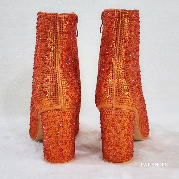 Crystel Orange Rhinestone Block Heel Ankle Boots - Picture 4 of 7